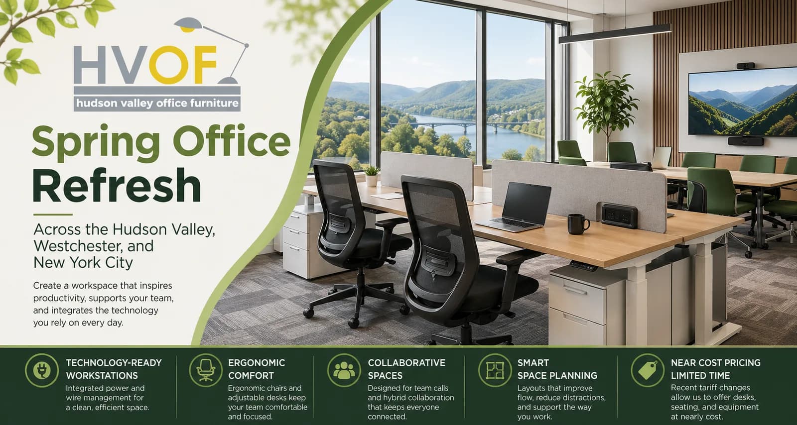 A refreshed, technology-ready office workspace with ergonomic seating and adjustable desks