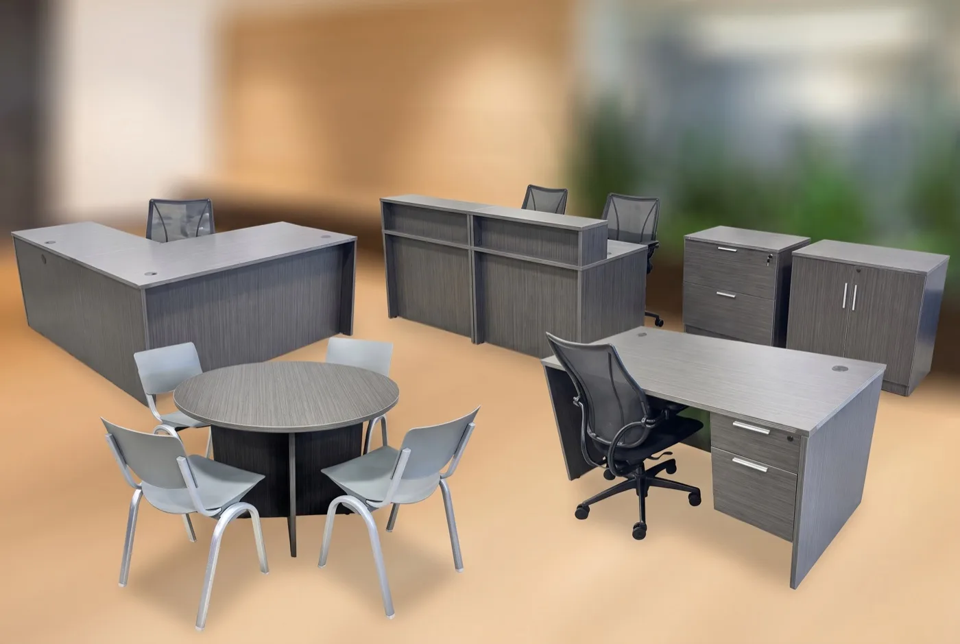 Gray laminate office collection on sale: L-desk, reception desk, file and storage cabinets, round conference table with guest chairs, and a single-pedestal desk with a task chair